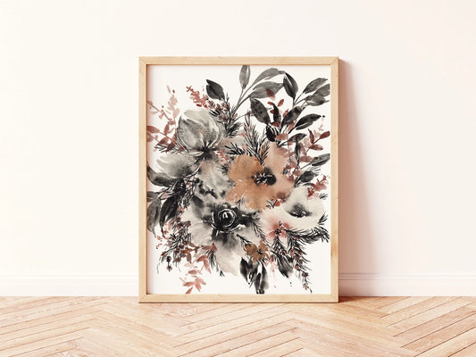 Moody Black Brown Floral Art Print