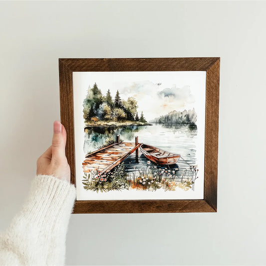 Watercolour Lake View Framed Wood Sign