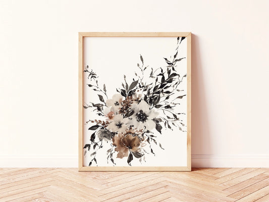 Black and Brown Neutral Organic Floral Art Print